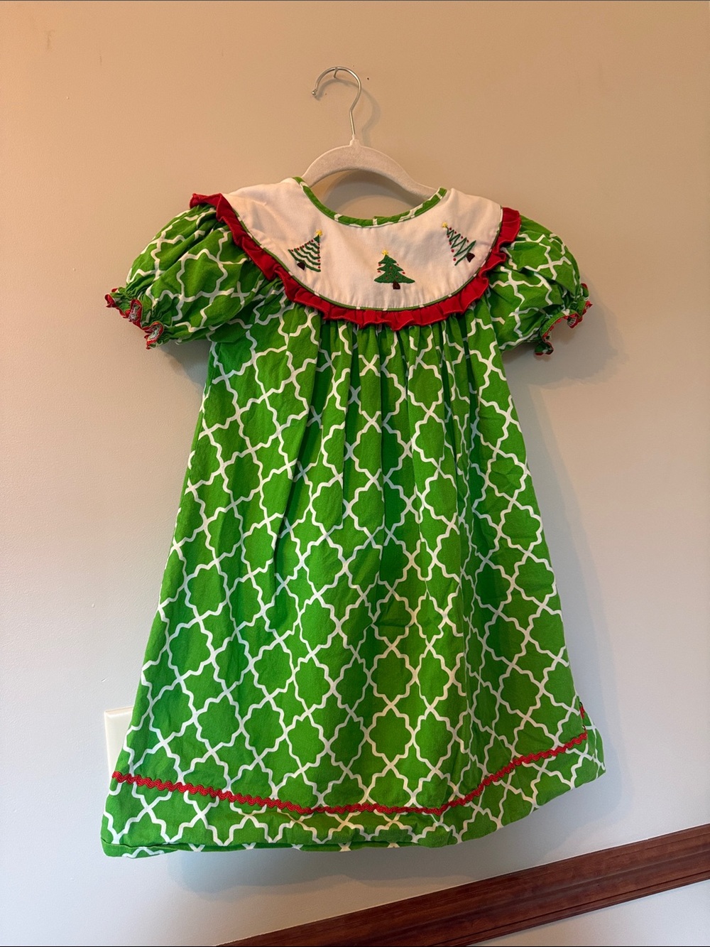 Girls' Green Holiday Tree Smocked Dress with Red Trim